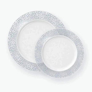 Classic Lace 7.5" Appetizer Plates / 10 Plastic Plates Round Lace White • Silver Plastic Plates | 10 Plates