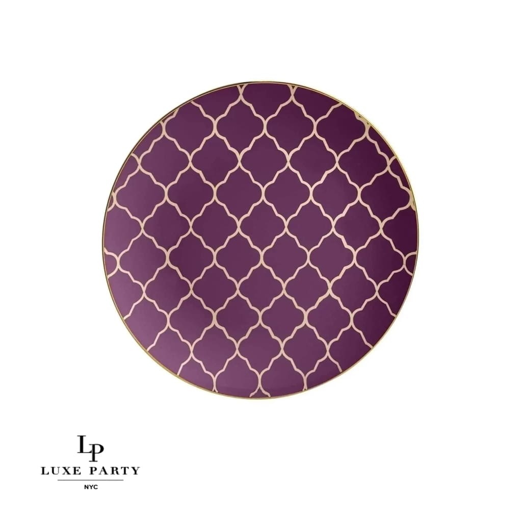 Round Accent Pattern Plastic Plates Round Purple • Gold Lattice Pattern Plastic Plates | 10 Pack