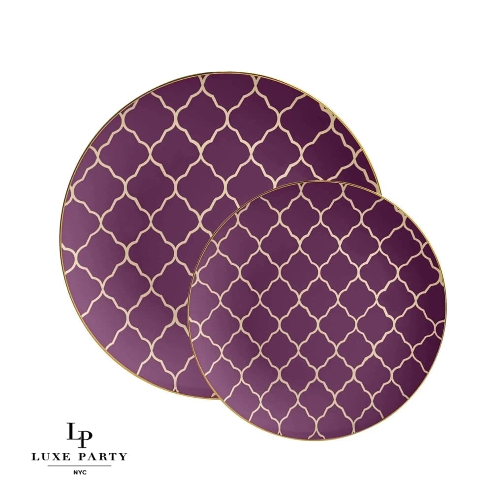 Round Purple • Gold Lattice Pattern Plastic Plates | 10 Pack - Luxe Party NYC