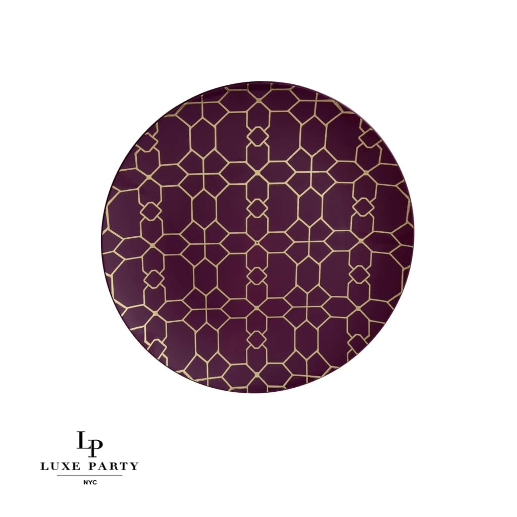 Round Accent Pattern Plastic Plates Round Purple • Gold Pattern Plastic Plates | 10 Pack