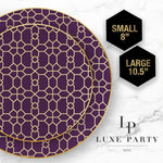 Round Accent Pattern Plastic Plates Round Purple • Gold Pattern Plastic Plates | 10 Pack