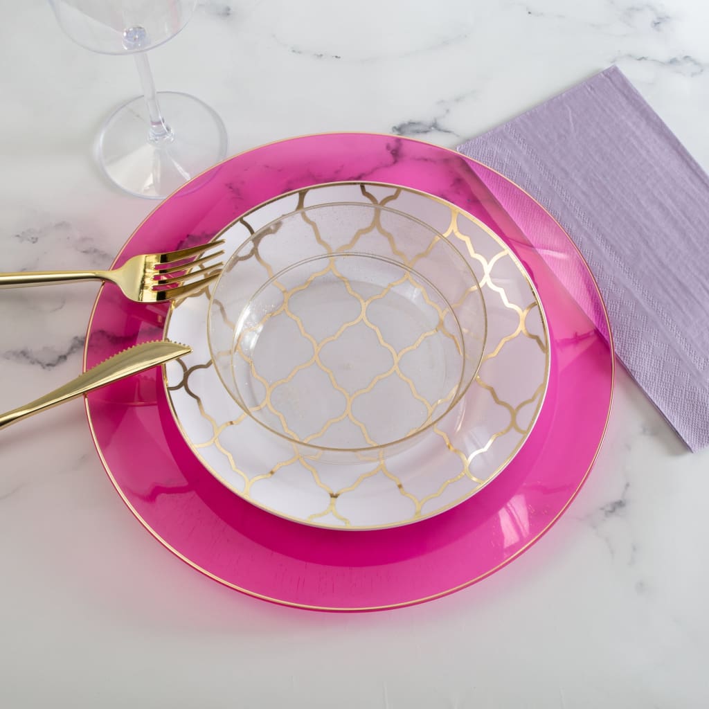 Round Transparent Hot Pink • Gold Plastic Plates | 10 Pack - Plastic Plates