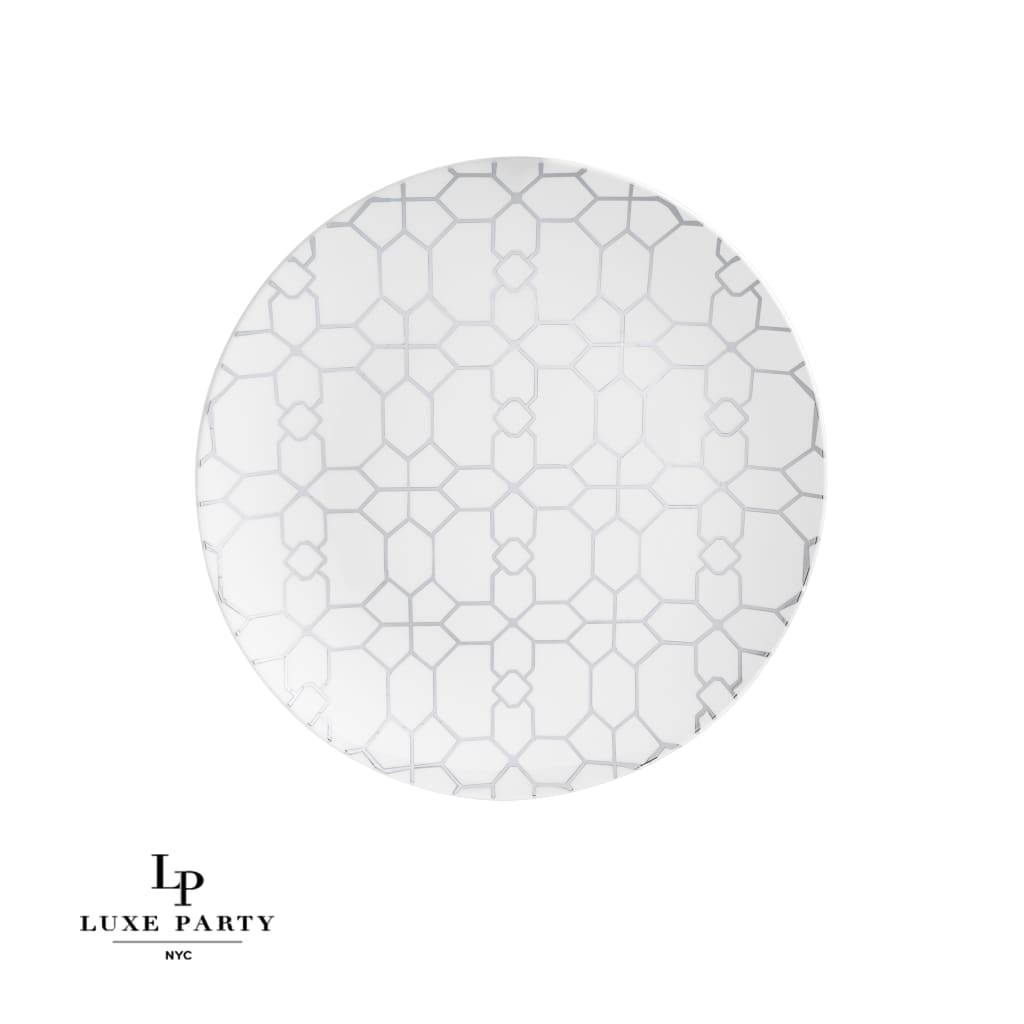 Round Accent Pattern Plastic Plates Round White • Silver Pattern Plastic Plates | 10 Pack