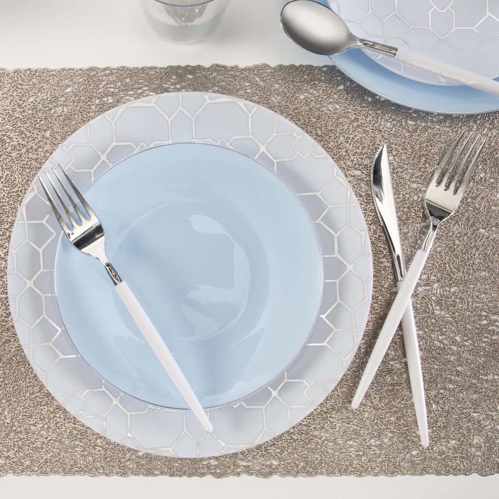 Round Accent Pattern Plastic Plates Round White • Silver Pattern Plastic Plates | 10 Pack
