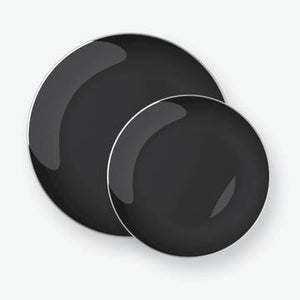 SOLID Round Black • Silver Trim  Plates | 10 Pack