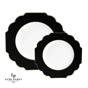 Scallop Design Plastic Plates Scalloped Black • Gold Plastic Plates | 10 Pack
