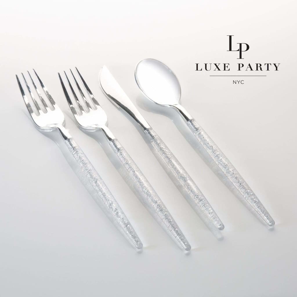 Luxe Party NYC Two Tone Cutlery Silver Glitter Plastic Cutlery Set | 32 Pieces