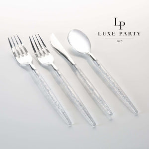 Luxe Party NYC Two Tone Cutlery Silver Glitter Plastic Cutlery Set | 32 Pieces