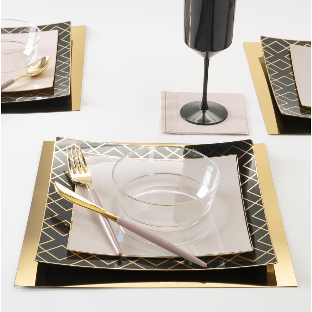 Square Accent Pattern Plastic Plates Square Black • Gold Art Deco Pattern Plastic Plates | 10 Plates
