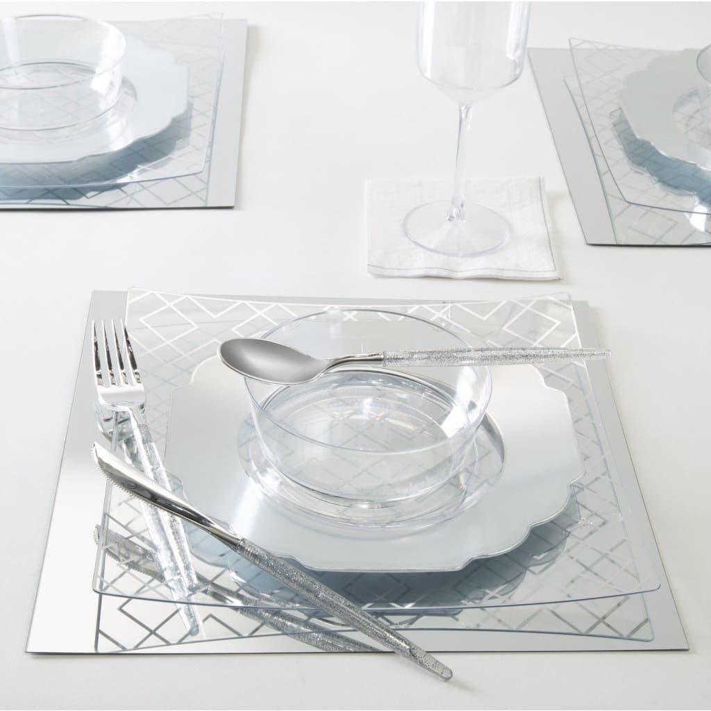 Square Clear • Silver Art Deco Pattern Plastic Plates | 10 Plates - Luxe Party NYC