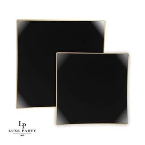 Square Accent Plastic Plates Square Coupe Black • Gold Plastic Plates | 10 Pack
