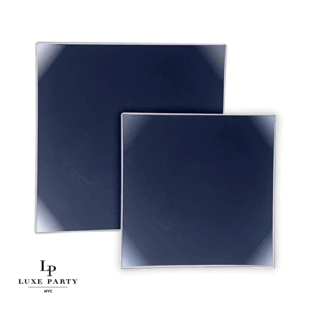 Square Accent Plastic Plates Square Coupe Navy • Silver Plastic Plates | 10 Pack