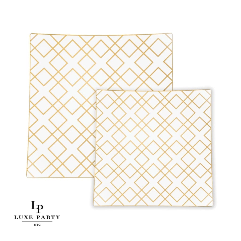 Square Accent Pattern Plastic Plates Square White • Gold Art Deco Pattern Plastic Plates | 10 Plates
