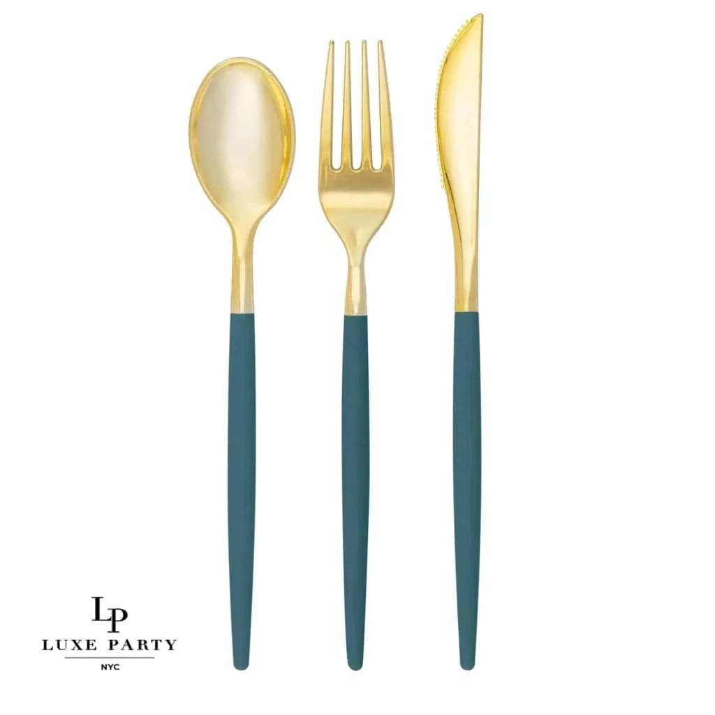 Luxe Party NYC Two Tone Cutlery Teal • Gold Plastic Cutlery Set | 32 Pieces