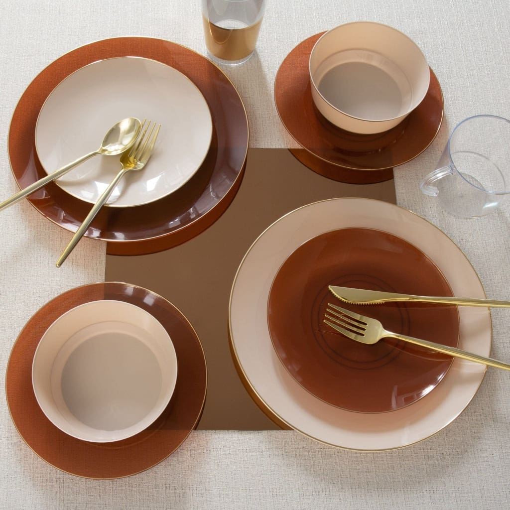 Round Accent Plastic Plates Round Transparent Mocha • Gold Plastic Plates | 10 Pack