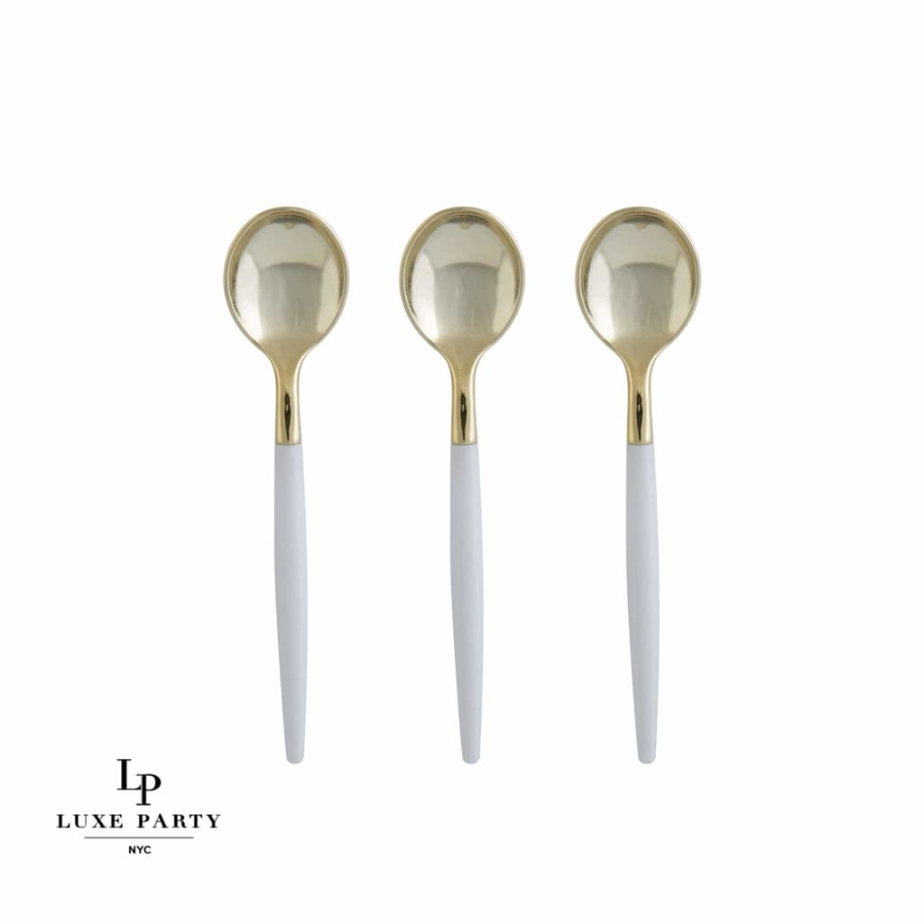 Luxe Party NYC Two Tone Mini 20 Mini Spoons White and Gold Plastic Mini Spoons | 20 Spoons