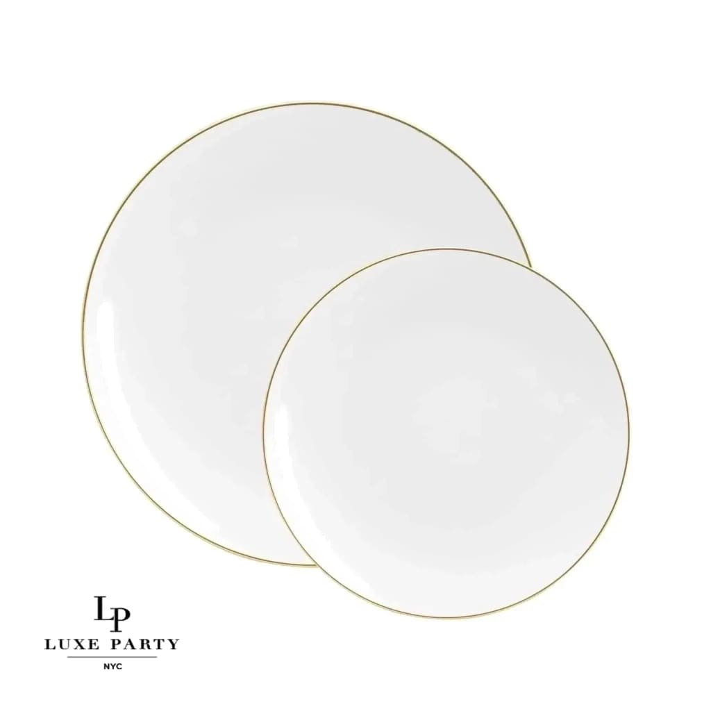 Round Accent Plastic Plates Round White • Gold Plastic  Plates | 10 Pack