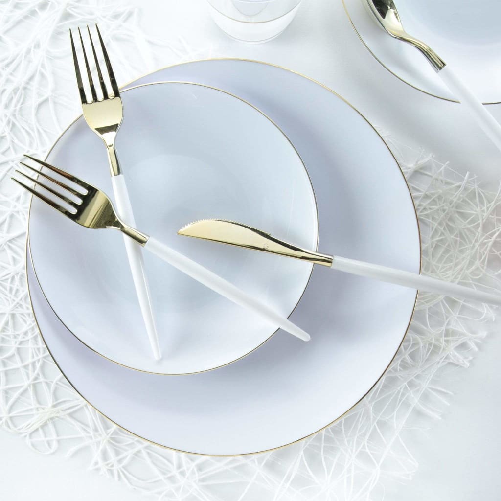Round Accent Plastic Plates Round White • Gold Plastic  Plates | 10 Pack