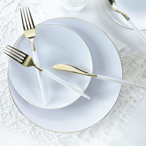 Round Accent Plastic Plates Round White • Gold Plastic  Plates | 10 Pack