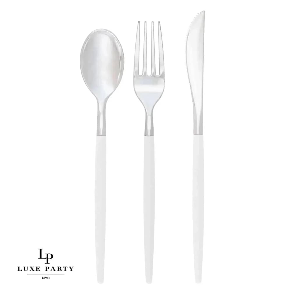 Luxe Party NYC Two Tone Cutlery White • Silver Plastic Cutlery Set | 32 Pieces