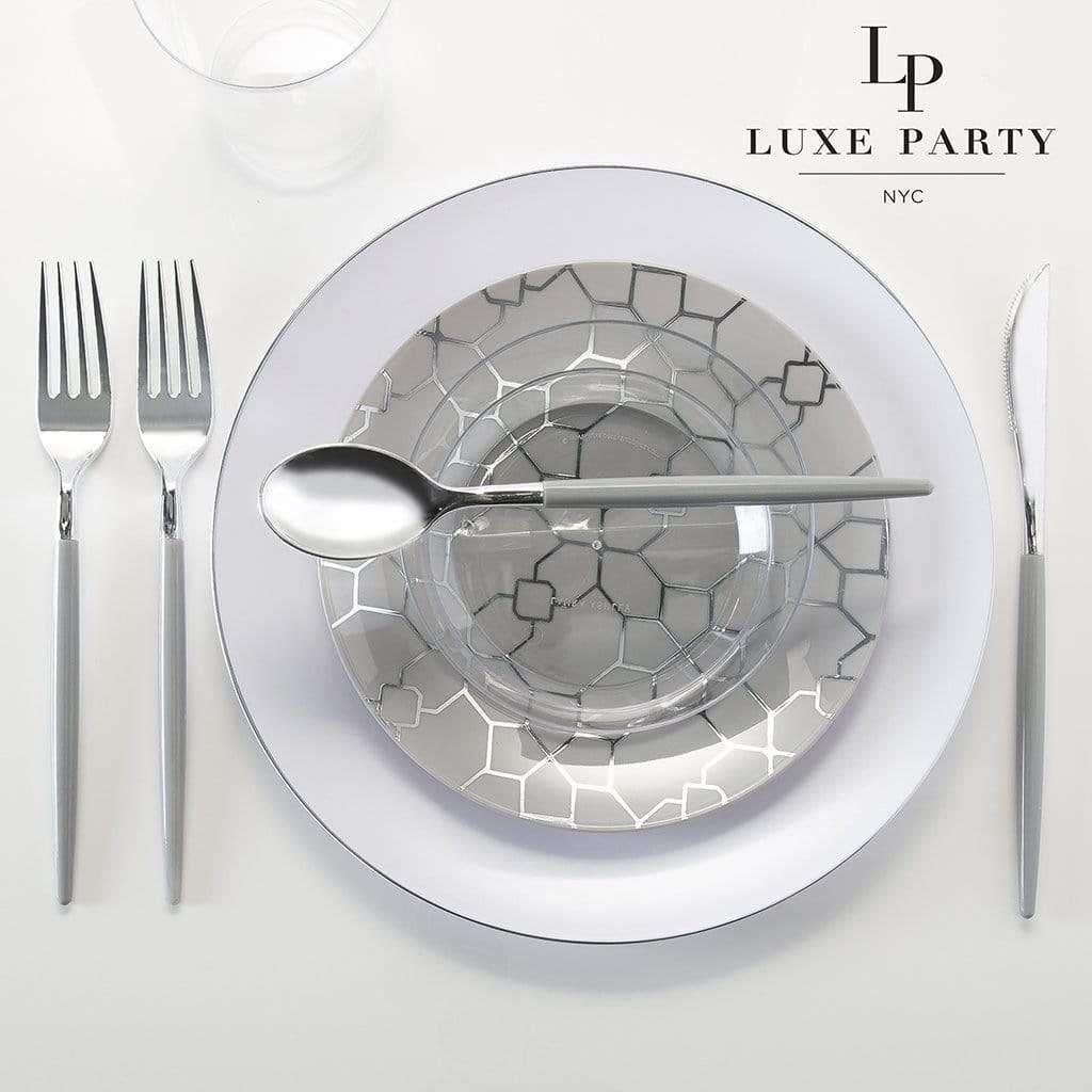 Round Accent Plastic Plates Round White • Silver Plastic Plates | 10 Pack