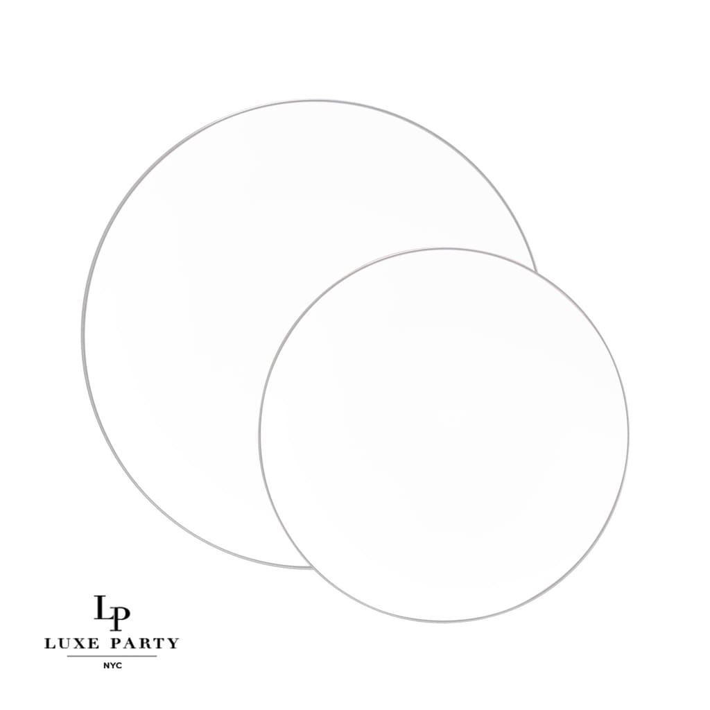 Round Accent Plastic Plates Round White • Silver Plastic Plates | 10 Pack