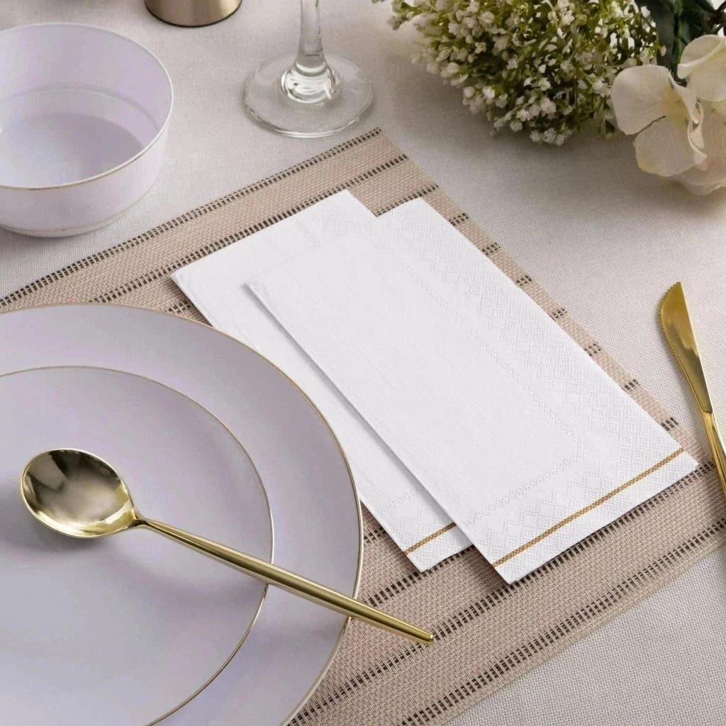 Luxe Party NYC Napkins 16 Dinner Napkins - 4.25" x 7.75" White with Gold Stripe Paper Napkins - 3 available sizes