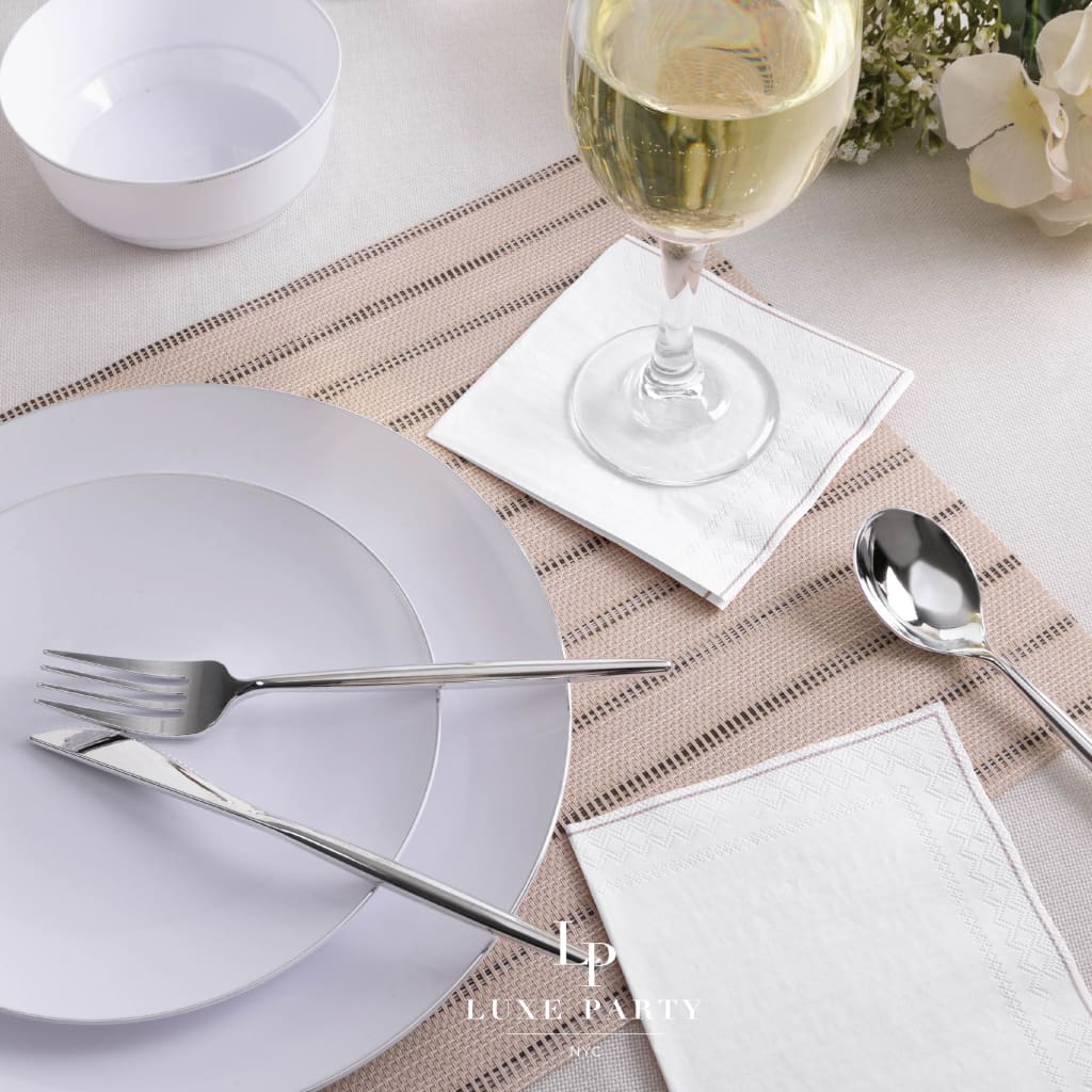 White with Silver Stripe Paper Cocktail Napkins | 20 Napkins - 20 Beverage Napkins - 5 x 5 - Napkins